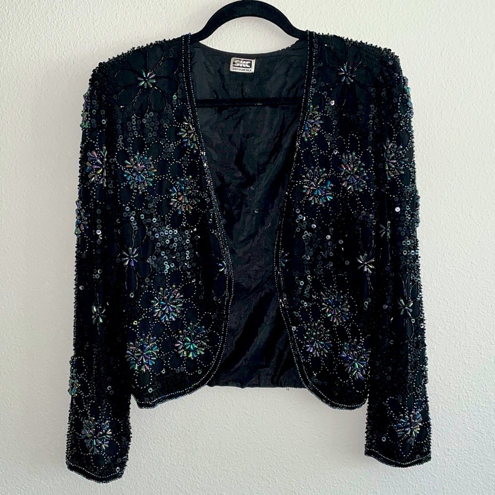 VINTAGE DESIGNER SKC 100% Silk Sequin & Beaded Floral Puff Crop Jacket GATSBY